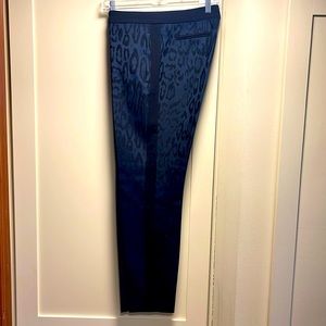 Rebecca Taylor Leopard Brocade Stretch Twill Slim Pant, size 8, navy and black